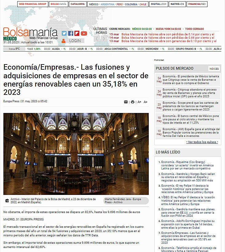 Economa/Empresas.- Las fusiones y adquisiciones de empresas en el sector de energas renovables caen un 35,18% en 2023